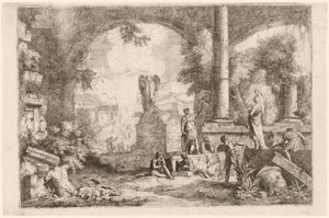 Capriccio antiker Ruinen mit Männern, die einen klassischen Redner betrachten