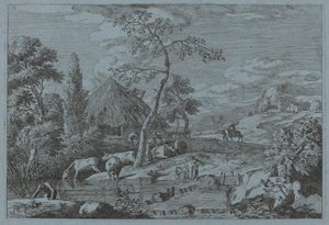 Vieh und Figuren an einem Bauernhofbach von Marco Ricci