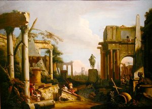 Landschaft mit klassischen Ruinen und Figuren