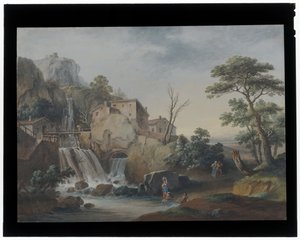 Landschaft mit Wasserfall und Hütten