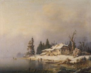 Bauernhof am winterlichen See
