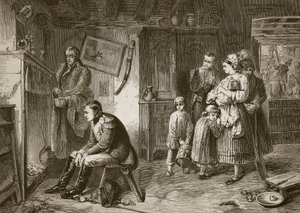 Napoleon sucht nach seiner Niederlage bei Waterloo Ruhe in einem Straßenhaus, graviert von J.D. Cooper