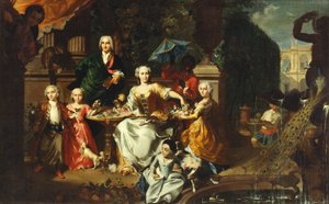 Eine Familiengruppe auf einer Terrasse im Garten einer Villa. Möglicherweise der englische Geschäftsmann George Jackson und seine Familie von Marcus Tuscher