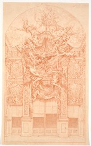 Dekorationsentwurf mit Genien, die eine Krone und einen Thronhimmel tragen von Marcus Tuscher