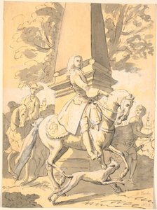 Vornehmer Herr gefolgt von Dienern reitet an einem Denkmal vorbei von Marcus Tuscher