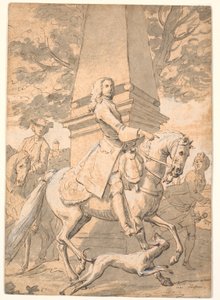 Vornehmer Herr, begleitet von Dienern, reitet an einem Denkmal vorbei von Marcus Tuscher