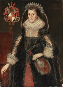 Porträt von Lady Eleanor Dutton, Dreiviertellänge, in eleganter Kleidung, neben einem Stuhl stehend, beschriftet mit dem Wappen der Familie Dutton aus Cheshire und Gloucestershire