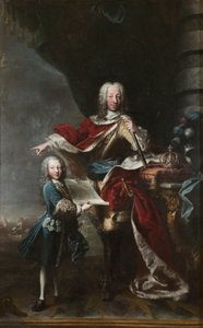 Vittorio Amedeo III als Kind zeigt seinem Vater Carlo Emanuele III von Savoyen den Plan des Schlosses von Mailand. Porträt von Carlo Emanuele III und Vittorio Amedeo III von Savoyen von Maria Giovanna Clementi