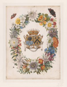 Allianzwappen von Cornelis Calkoen und Maria van der Merct in einem Blumenkranz von Maria Moninckx