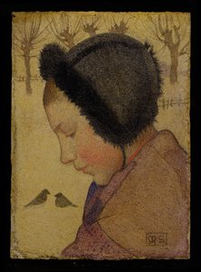Kopf eines jungen Mädchens mit Pelzhut von Marianne Stokes