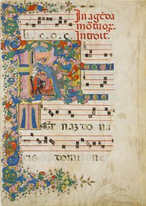 Manuskriptblatt mit einem Trauerzug in einem Initial R, aus einem Graduale, zweite Hälfte des 15. Jahrhunderts von Mariano del Buono