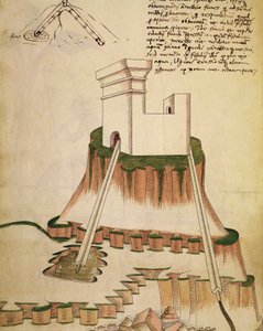 Studie über die korrekte Installation eines Brunnens und die Entwässerung einer Festung, Illustration aus einem Werk von Mariano di Jacopo Vanni, bekannt als Taccola (15. Jahrhundert), Manuskript