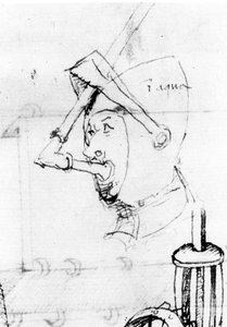 Zeichnung, die die Umwandlung eines Helms in eine Unterwassermaske darstellt. Das Visier wird verwendet, um das Atemrohr zu halten - aus „De Ingeneis“ von Mariano di Jacopo, genannt Il Taccola, 15. Jahrhundert
