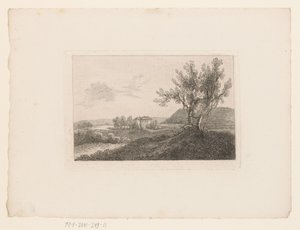 Landschaft mit einer Villa in der Ferne und einer Gartenbank bei zwei Bäumen im Vordergrund von Marie Anna Fischer