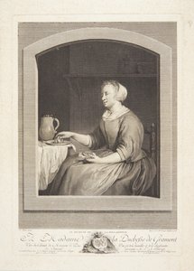 Eine holländische Frau isst Frühstück, durch ein Fenster gesehen