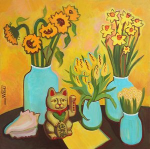Glückliche Blumen Glückskatze