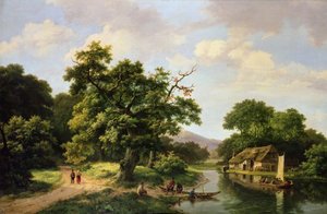 Bewaldete Flusslandschaft mit Bauern, die eine Fähre entladen