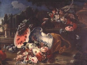 Stillleben, gemischte Blumen und Früchte in der Nähe eines Brunnens