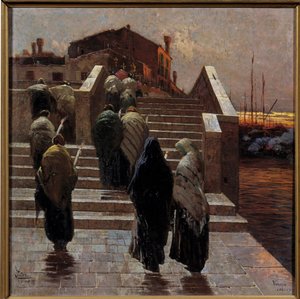 Roter Abend, Hoffnung auf gutes Wetter - Frauenprozession überquert einen Fluss von Mario de Maria