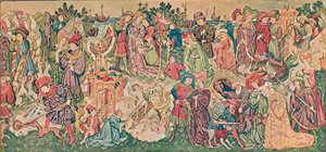 Aquarellwiedergabe eines der Hardwicke-Wandteppiche, ca. 1902 von Marion Reid
