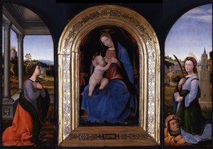 Thronende Maria lactans mit den Heiligen Katharina von Alexandria und Barbara und ihrem Vater Dioscurus, 15