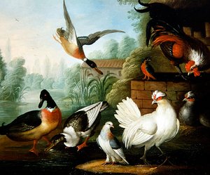 Landschaft mit Hühnern, Enten und einem Eisvogel