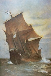 Die Mayflower bringt die Pilgerväter 1620 über den Atlantik nach Amerika von Marshall Johnson