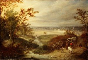 Weitläufige bewaldete Landschaft mit einem Wagen an einer Furt von Marten (attr. to) Ryckaert