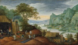 Eine felsige Landschaft mit Figuren bei einer Eisenhütte, einem Fluss und Häusern am Ufer dahinter von Marten Ryckaert