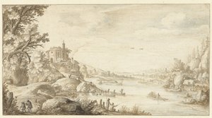 Hügelige Landschaft mit einer runden Kapelle am Ufer eines Flusses von Marten de Cock