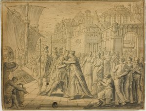 Dido und Aeneas umarmen sich vor den Toren Karthagos von Marten de Vos
