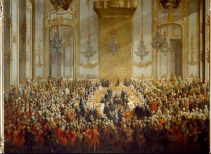 Offizielles Bankett zur Hochzeit von Prinzessin Isabella von Parma mit Kaiser Joseph II. am 6.10.1760. Detail von Martin (and studio) Mytens or Meytens
