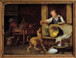 Kücheninterieur. Eine junge Dienerin gibt dem Hund die Reste. Gemälde von Martin Drolling (1752-1817) 19. Jahrhundert. Orléans, Museum der Schönen Künste