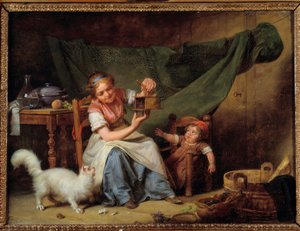 Die Frau und die Maus. Ein Mädchen hält eine Mausefalle vor die Katze und ein Baby. Gemälde von Martin Drolling (1752-1817) von Martin Drölling