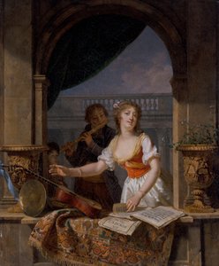 Eine junge Dame greift nach einer Gitarre an einem Steingewände und ein Junge spielt dahinter Flöte von Martin Drölling