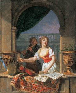 Eine junge Dame greift nach einer Gitarre an einem Steingewände und ein Junge spielt die Flöte dahinter, 1796-97 von Martin Drölling