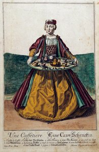 Eine Kaffeeköchin: eine junge Frau trägt ein Tablett mit einem Kaffeeservice. Gravur von Martin Engelbrecht, 18. Jahrhundert. Paris, Kunstgewerbemuseum