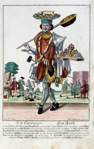 Ein Koch. Gravur von Martin Engelbrecht (1684-1756), in „Neue Versammlung der Manouvries Habilles“ 18. Jahrhundert, Deutschland. Paris, Decorative Arts von Martin Engelbrecht