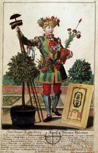 Ein Gärtner, Gravur von Martin Engelbrecht in „Neue Versammlung der manouvries habilles“ von Martin Engelbrecht