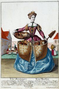 Beruf: Ein Bäcker. Gravur von Martin Engelbrecht (1684-1756), in "Neue Versammlung der bekleideten Handwerker" 18. Jahrhundert, Deutschland. Paris, Dekorative Künste