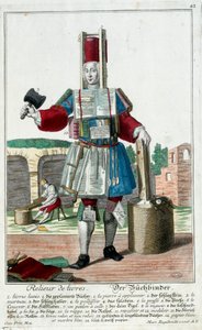 Beruf: Ein Buchbinder. Gravur von Martin Engelbrecht (1684-1756), in "Neue Versammlung der bekleideten Handwerker" 18. Jahrhundert, Deutschland. Paris, Dekorative Künste