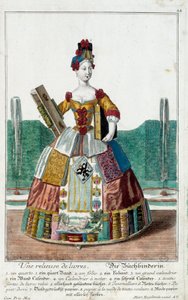 Beruf: Ein Buchbinder. Gravur von Martin Engelbrecht (1684-1756), in „Neue Versammlung der manouvries habilles“ 18. Jahrhundert, Deutschland. Paris, Decorative Arts von Martin Engelbrecht