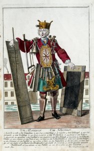 Beruf: Ein Zimmermann. Gravur von Martin Engelbrecht (1684-1756), in "Neue Versammlung der bekleideten Handwerker" 18. Jahrhundert, Deutschland. Paris, Dekorative Künste von Martin Engelbrecht