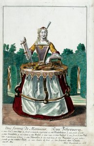 Beruf: Die Frau eines Zimmermanns. Gravur von Martin Engelbrecht (1684-1756), in „Neue Versammlung der bekleideten Handwerker“ 18. Jahrhundert, Deutschland. Paris, dekorative Künste