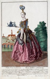 Beruf: Frau eines Goldfischs. Gravur von Martin Engelbrecht (1684-1756), in „Neue Versammlung der manouvries habilles“ 18. Jahrhundert, Deutschland. Paris, Decorative Arts