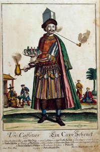 Der Kaffeekocher: ein Mann trägt einen Kaffeekocher und ein Service. Gravur von Martin Engelbrecht (1684-1756) 18. Jahrhundert Paris, dekorative Kunst