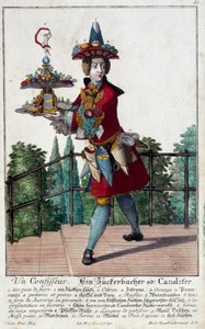 Der Konditor: ein junger Mann hält ein Tablett mit Süßigkeiten und Konfekt. Gravur von Martin Engelbrecht (1684-1756) 18. Jahrhundert. Paris, Decorative Arts von Martin Engelbrecht