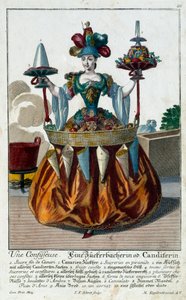 Die Konditorin: eine junge Frau hält ein Tablett mit Süßigkeiten und Konfekt. Gravur von Martin Engelbrecht (1684-1756) 18. Jahrhundert. Paris, Kunstgewerbemuseum