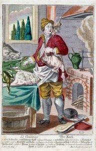 Der Koch. Gravur von Martin Engelbrecht (1684-1756), in „Neue Versammlung der manouvries habilles“ 18. Jahrhundert, Deutschland. Paris, Decorative Arts