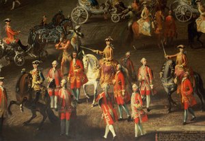 Eine Kavalkade in der Winterreitschule der Wiener Hofburg zur Feier des Sieges über die französische Armee in Prag, 1743 (Detail, zeigt Maria Theresia, Kaiserin von Österreich, auf einem grauen Pferd)
